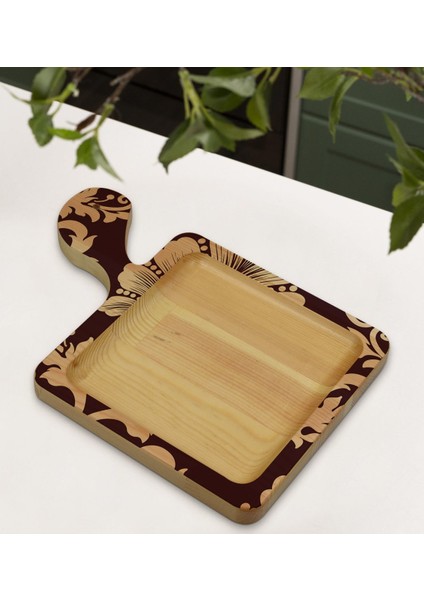 Gift Retro Motif Tasarımlı Kare Şeklinde Doğal Ahşap Servis ve Sunum Tabağı Model 7