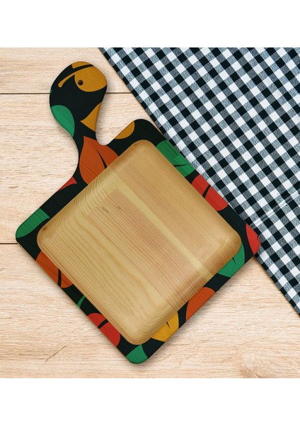 Gift Yapraklar Tasarımlı Kare Şeklinde Doğal Ahşap Servis ve Sunum Tabağı Model 7