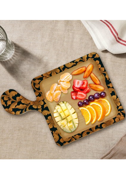 Gift Retro Motif Tasarımlı Kare Şeklinde Doğal Ahşap Servis ve Sunum Tabağı Model 15