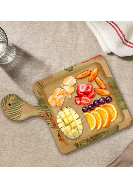 Gift Yapraklar Tasarımlı Kare Şeklinde Doğal Ahşap Servis ve Sunum Tabağı Model 6