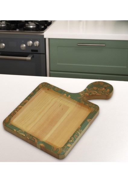 Gift Retro Motif Tasarımlı Kare Şeklinde Doğal Ahşap Servis ve Sunum Tabağı Model 5