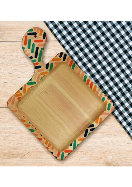 Gift Modern Art Tasarımlı Kare Şeklinde Doğal Ahşap Servis ve Sunum Tabağı Model 2