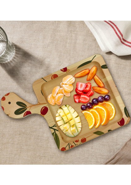 Gift Meyve Tasarımlı Kare Şeklinde Doğal Ahşap Servis ve Sunum Tabağı Model 1