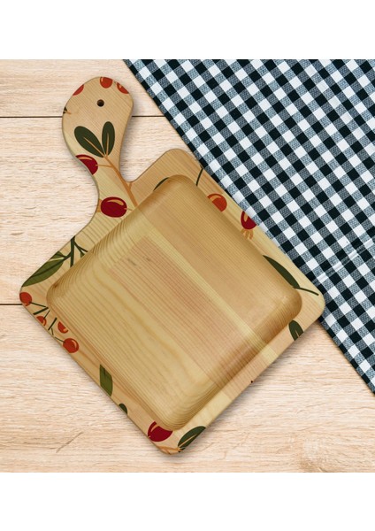 Gift Meyve Tasarımlı Kare Şeklinde Doğal Ahşap Servis ve Sunum Tabağı Model 1