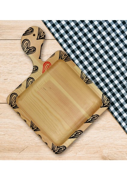Gift Kalpler Tasarımlı Kare Şeklinde Doğal Ahşap Servis ve Sunum Tabağı Model 1