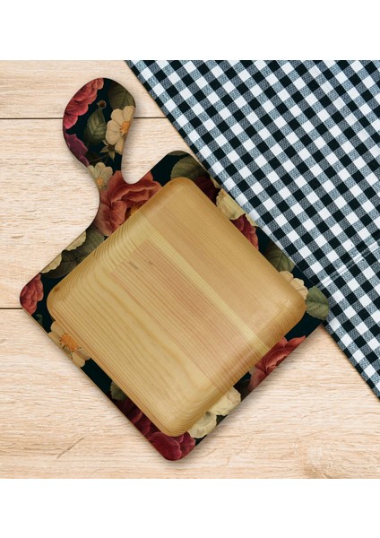 Gift Çiçekler Tasarımlı Kare Şeklinde Doğal Ahşap Servis ve Sunum Tabağı Model 6