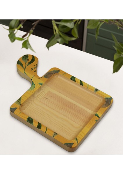 Gift Yapraklar Tasarımlı Kare Şeklinde Doğal Ahşap Servis ve Sunum Tabağı Model 4