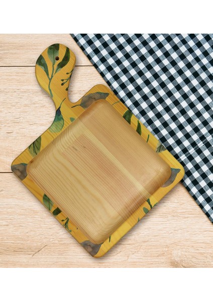 Gift Yapraklar Tasarımlı Kare Şeklinde Doğal Ahşap Servis ve Sunum Tabağı Model 4