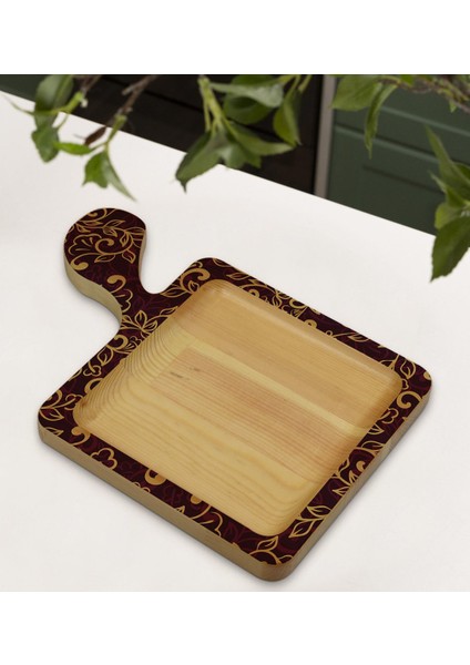 Gift Retro Motif Tasarımlı Kare Şeklinde Doğal Ahşap Servis ve Sunum Tabağı Model 13