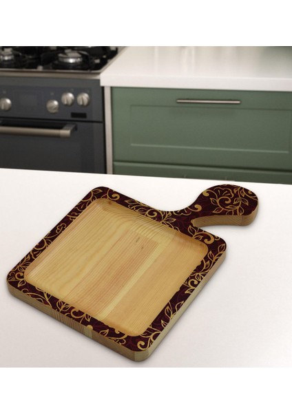 Gift Retro Motif Tasarımlı Kare Şeklinde Doğal Ahşap Servis ve Sunum Tabağı Model 13