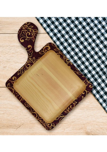 Gift Retro Motif Tasarımlı Kare Şeklinde Doğal Ahşap Servis ve Sunum Tabağı Model 13