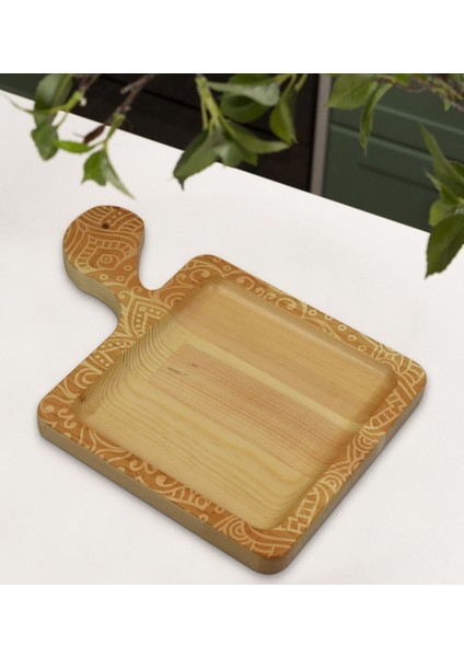 Gift Retro Motif Tasarımlı Kare Şeklinde Doğal Ahşap Servis ve Sunum Tabağı Model 9