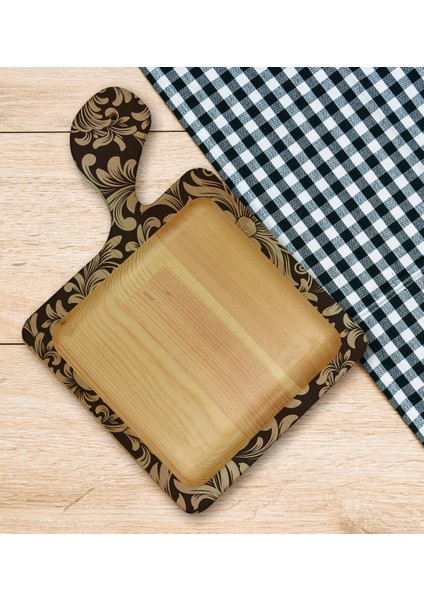 Gift Retro Motif Tasarımlı Kare Şeklinde Doğal Ahşap Servis ve Sunum Tabağı Model 6