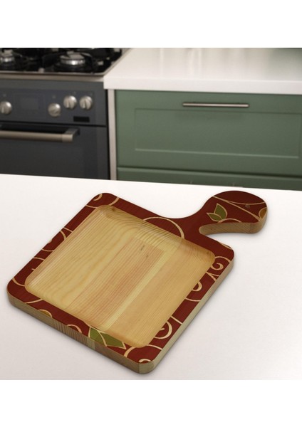 Gift Retro Motif Tasarımlı Kare Şeklinde Doğal Ahşap Servis ve Sunum Tabağı Model 1