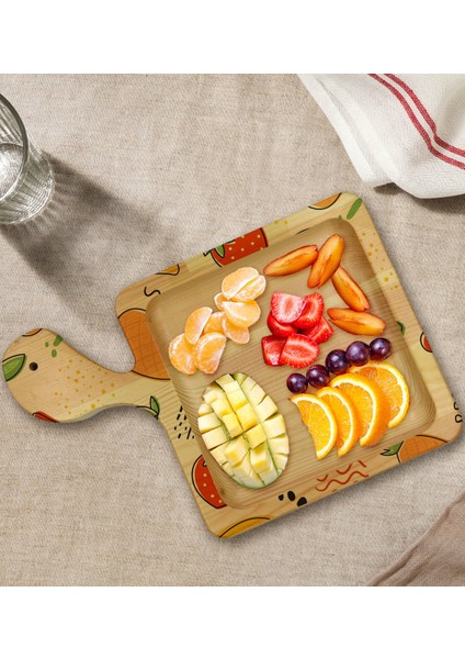 Gift Meyveler Tasarımlı Kare Şeklinde Doğal Ahşap Servis ve Sunum Tabağı Model 2
