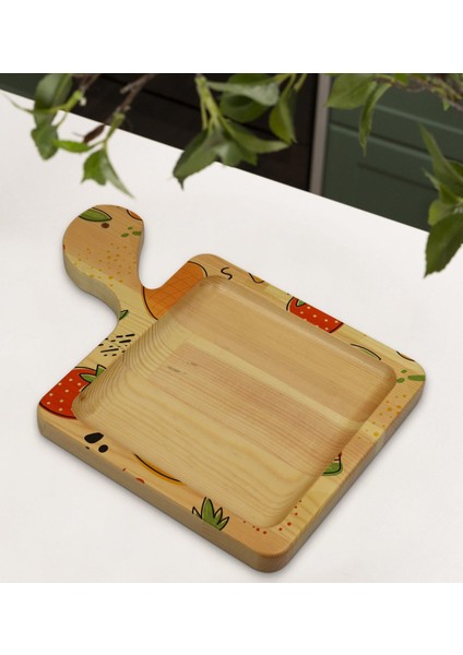 Gift Meyveler Tasarımlı Kare Şeklinde Doğal Ahşap Servis ve Sunum Tabağı Model 2