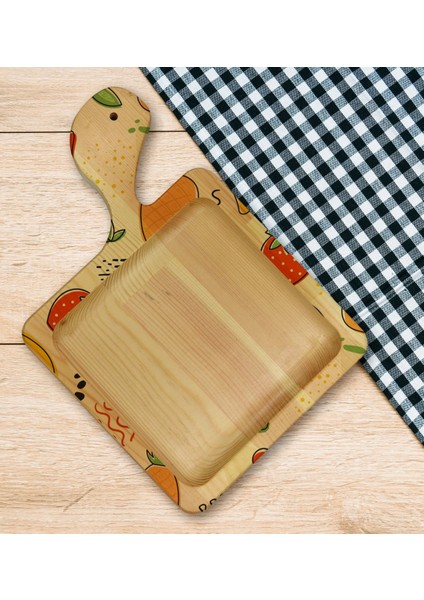 Gift Meyveler Tasarımlı Kare Şeklinde Doğal Ahşap Servis ve Sunum Tabağı Model 2