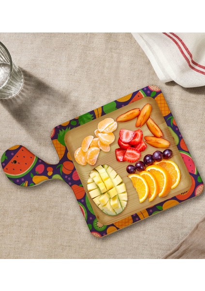 Gift Meyveler Tasarımlı Kare Şeklinde Doğal Ahşap Servis ve Sunum Tabağı Model 1