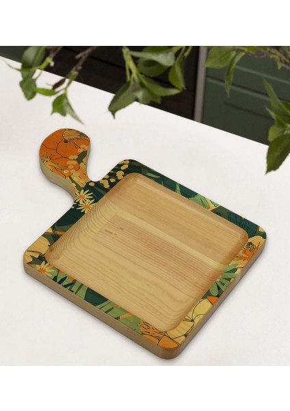 Gift Çiçekler Tasarımlı Kare Şeklinde Doğal Ahşap Servis ve Sunum Tabağı Model 7