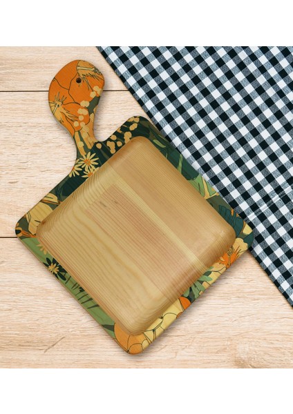 Gift Çiçekler Tasarımlı Kare Şeklinde Doğal Ahşap Servis ve Sunum Tabağı Model 7
