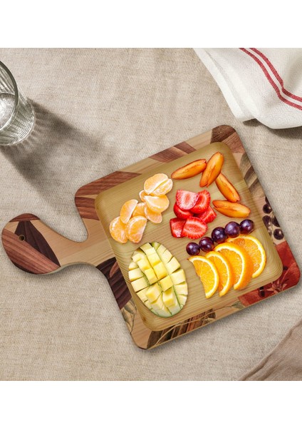 Gift Çiçekler Tasarımlı Kare Şeklinde Doğal Ahşap Servis ve Sunum Tabağı Model 3