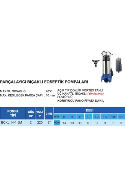 Atlantis Bckl 14-1.5m 2.hp 220V Parçalayıcı Bıçaklı Foseptik Dalgıç Pompa