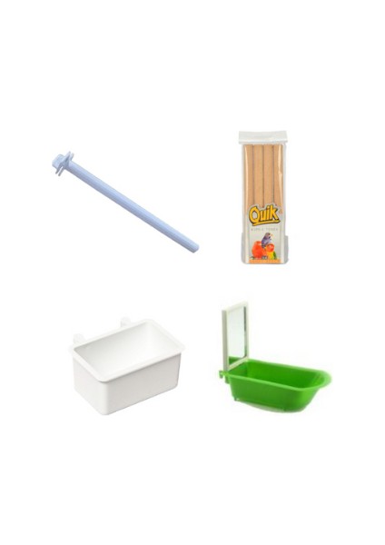 Fit Fly Kuş Aksesuar Set (Aynalı Küvet+Tünek+Mamalık+Kumlu Tünek)