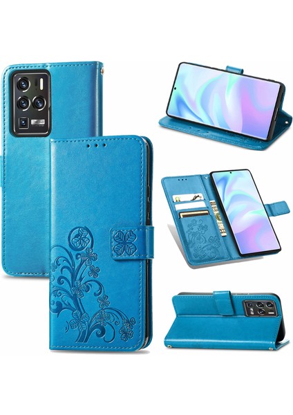 Zte Axon 30 Ultra 5G Dört Yapraklı Yonca Cep Telefonu Kasa Kartı Yuvası ve Cüzdan Mavi (Yurt Dışından) modelleri