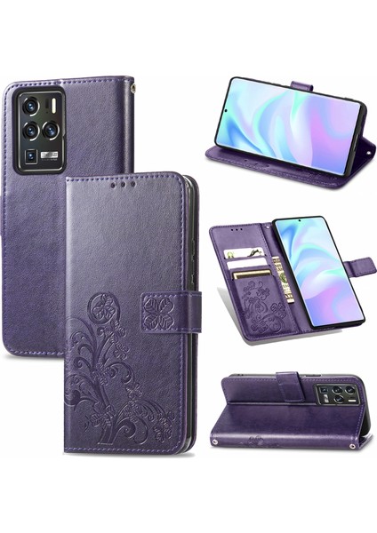 Zte Axon 30 Ultra 5G Dört Yapraklı Yonca Cep Telefonu Kasa Kartı Yuvası ve Cüzdan Mor (Yurt Dışından) modelleri