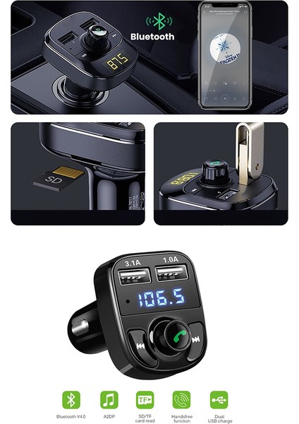 Araç Bluetooth Fm Transmitter Cihazı Mp3 Çalar Araç Çakmaklık Şarj Soketi Müzik Kiti