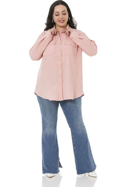 Büyük Beden Gömlek Yaka Göğüsten Çift Cepli Pudra Rengi Gömlek
