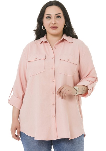 Büyük Beden Gömlek Yaka Göğüsten Çift Cepli Pudra Rengi Gömlek fiyatları