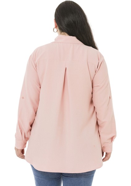 Büyük Beden Gömlek Yaka Göğüsten Çift Cepli Pudra Rengi Gömlek modelleri