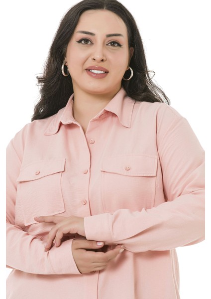 Büyük Beden Gömlek Yaka Göğüsten Çift Cepli Pudra Rengi Gömlek indirimleri