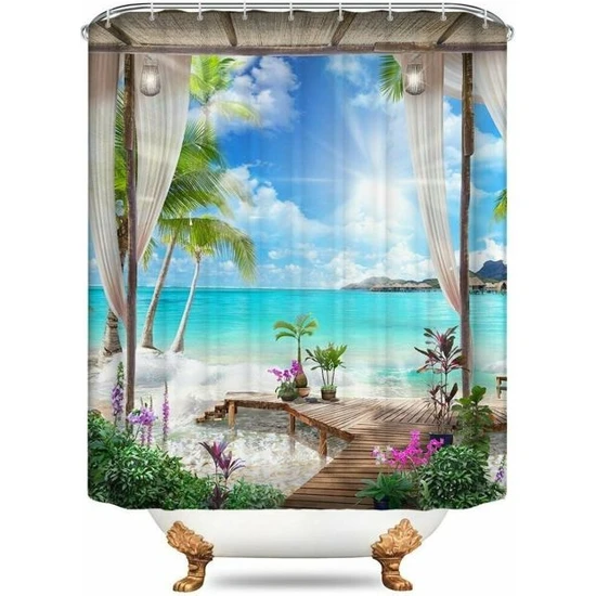 3D Sunny Beach Baskılı Duş Perdesi Set Deniz Manzarası Banyo Ekranı Su Geçirmez Banyo Perdeleri Kaymaz Banyo Mat Kaidal Halı (120 * 180 Cm)