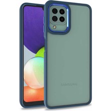 Case 4u Galaxy A12 / M12 Kılıf Kamera Çıkıntılı Arkası Kristal Şeffaf Hassas Tuşlu Renkli Kenarlı Flora Kapak Lacivert