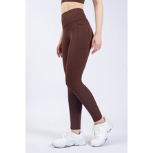 Kadın  Kahve Cepli Fitilli Yüksek Bel Spor Tayt 25"