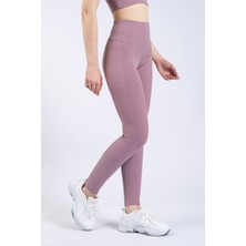 Kadın Lila Cepli Fitilli Yüksek Bel Spor Tayt 25"