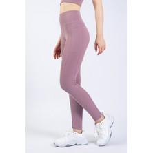 Kadın Lila Cepli Fitilli Yüksek Bel Spor Tayt 25"