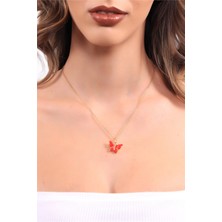 Labalaba Kadın Altın Renk Kaplama Kırmızı Renk Kelebek Model Ince Zincir Kolye & Küpe Set