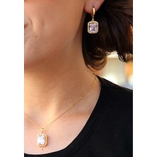 Beyaz Zirkon Taşlı Optegon Gümüş Kolye Küpe