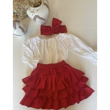 Özge Başaran Kız Çocuk Fırfırlı Kırmızı Etek, Beyaz Bluz ve Bandana Takım 8 Yaş,
