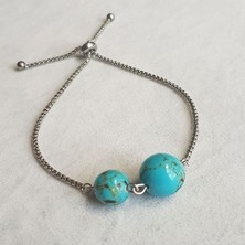 Tonstyle TS001160   Mavi Turquaz Taşlar, Çelik Zincir D.taş + P.çelik El Işi/tasarım Kadın Bileklik 21 cm