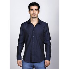 Salve %100 Pamuk Slim Fit Armürlü Desen Lacivert Premium Gömlek 22104
