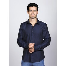 Salve %100 Pamuk Slim Fit Armürlü Desen Lacivert Premium Gömlek 22104