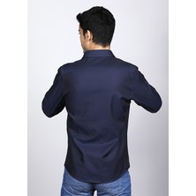 Salve %100 Pamuk Slim Fit Armürlü Desen Lacivert Premium Gömlek 22104