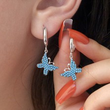 Turkuaz Taşlı Sallantılı Kelebek Gümüş Küpe