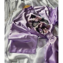 Lasilla Yılan Desenli Lila Saten Sabahlık Kimono