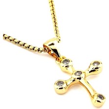 Solfera Küçük Boy Zirkon Taş Katolik Hristiyan Sarı Çelik Haç Kolye Q0527