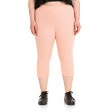 Disentis Modest Büyük Beden Fitilli Beli Lastikli Karyoka Dikişli Diz Altı Somon Rengi Bayan Tayt